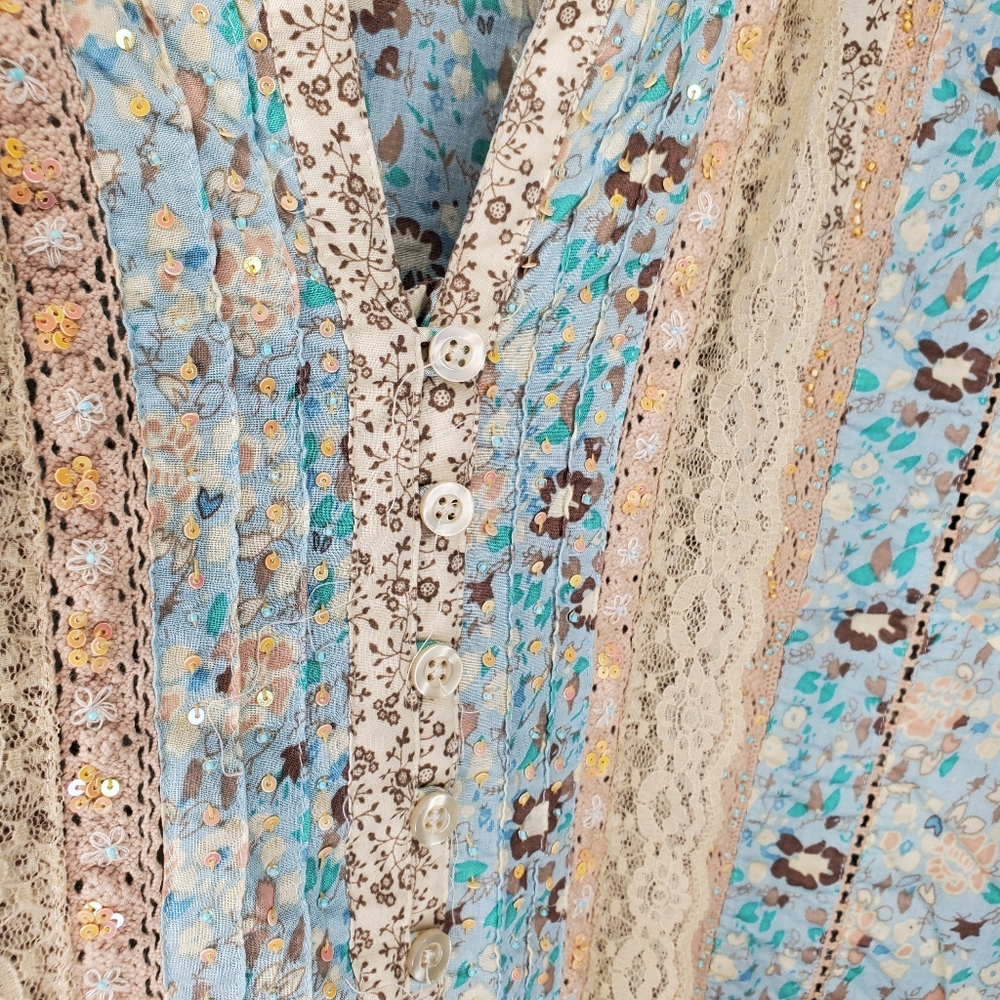 Ecologie Button Top Womens XL Sequin Lace Floral Pleated Button Coastal Cowgirl - Picture 4 of 11